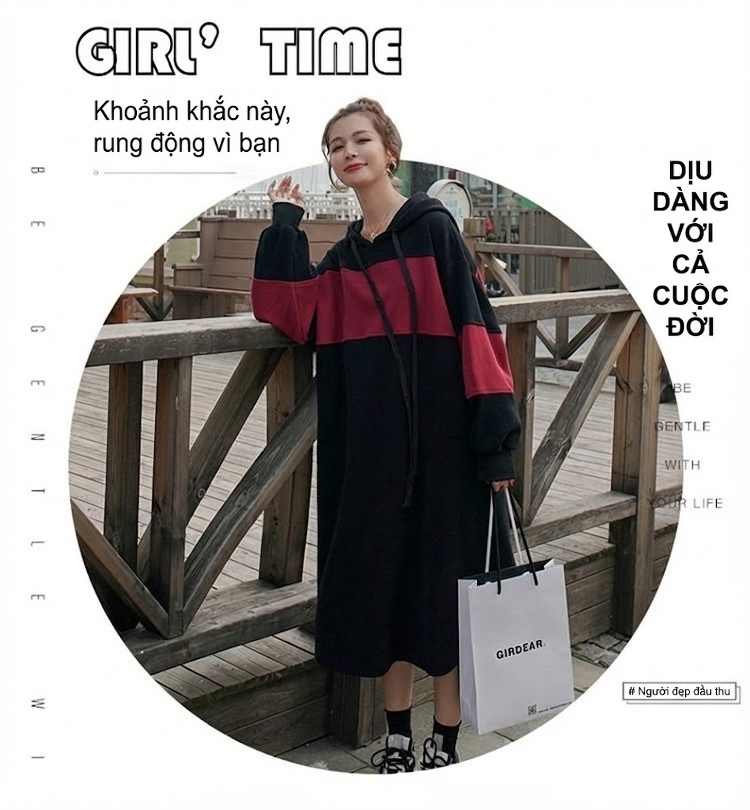 Váy Thun Dáng Dài Nữ Mùa Thu Phong Cách Hàn Quốc Dáng Rộng Thiết Kế Liền Thân Phối Màu Có Mũ Trùm Đầu Màu Đen, Đỏ chi tiết 1
