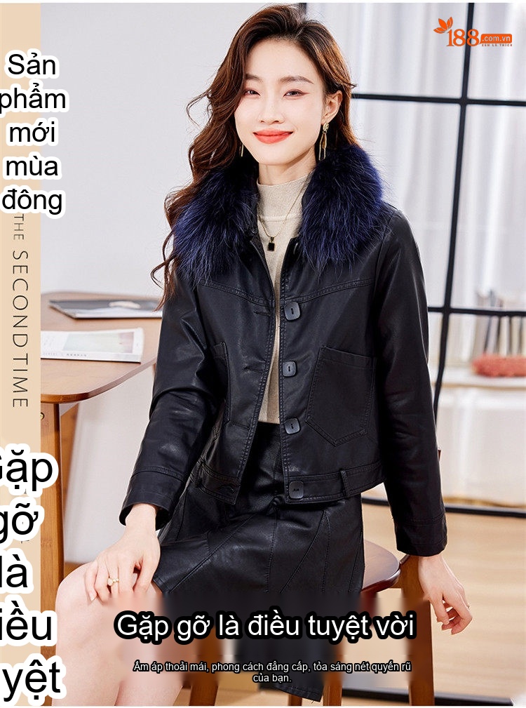 Áo Khoác Da PU Nữ Cổ Lông Ngắn Dáng Ôm Thu Đông Màu Nâu, Đen chi tiết 3