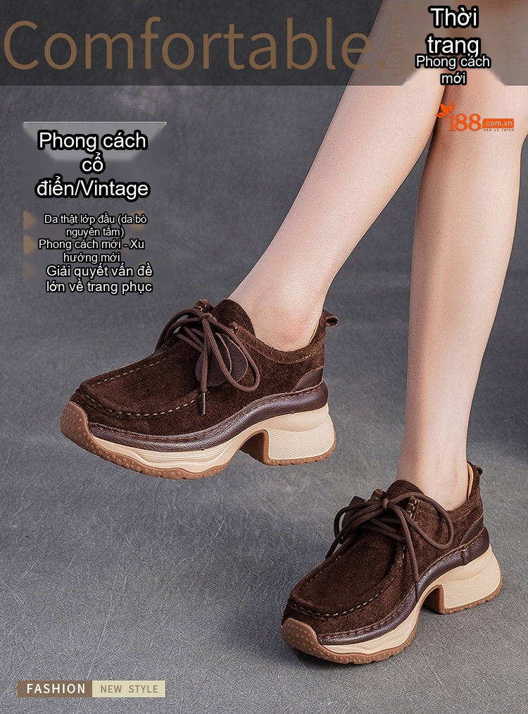 Giày Thể Thao Nữ Da Bò Mũi Tròn Buộc Dây Chiều Cao Đế Khoảng 5cm Màu Nâu, Vàng chi tiết 1