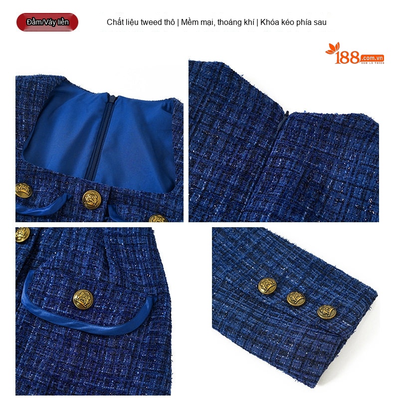 Đầm Tiểu Thư Nữ Cổ chữ Vuông Tay Dài Chiết Eo Vải Tweed Dáng Chữ A Màu Xanh Navy chi tiết 4