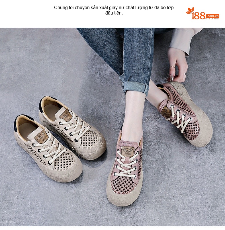 Giày Búp Bê Nữ Da Bò Lỗ Thoáng Khí Đế Bằng Đế Cao 3cm - 4cm Màu Kem, Hồng chi tiết 2