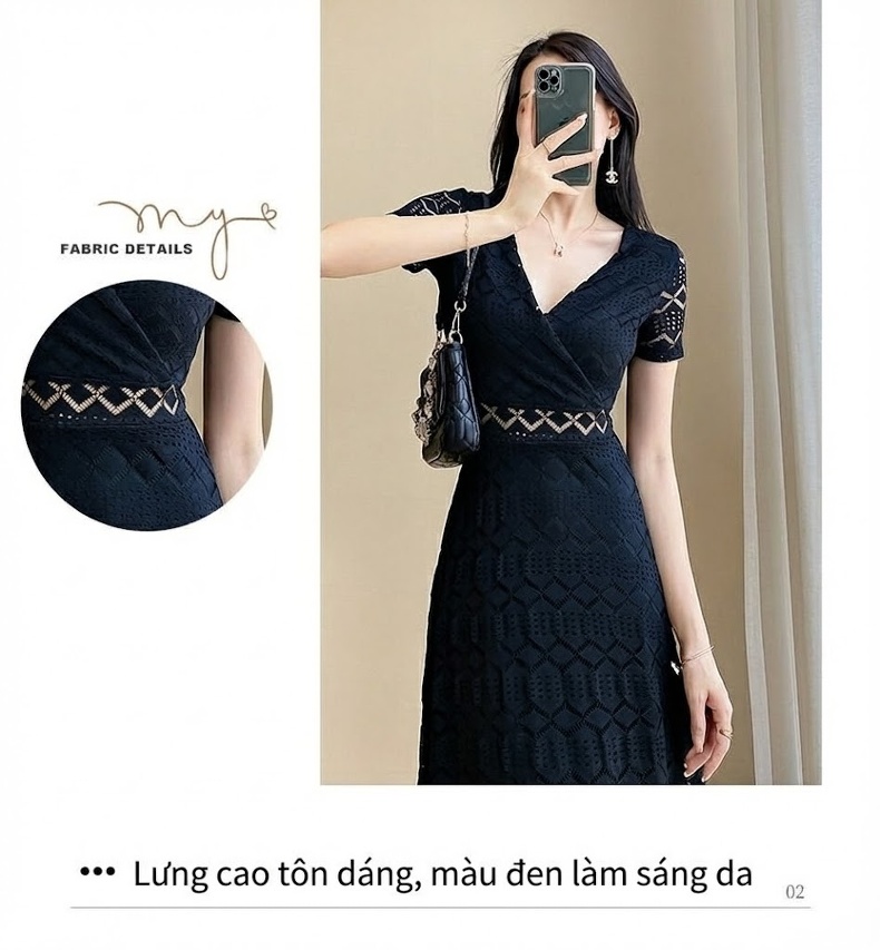Váy Ren Nữ Dáng Dài Thanh Lịch Màu Đen chi tiết 5