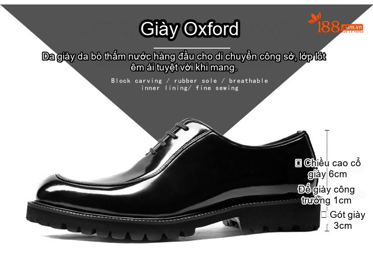 Giày Tây Buộc Dây Nam Da Bò Chiều Cao Đế Khoảng 4cm Màu Đen, Nâu chi tiết 2
