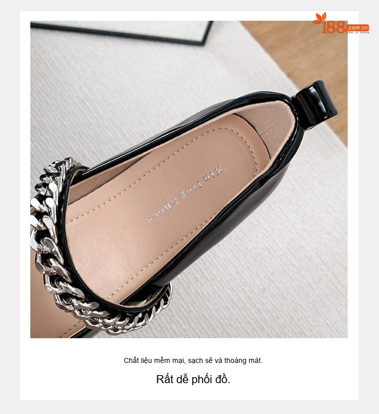 Giày Mary Jane Nữ Da Bóng Quai Chữ T Trang Trí Xích Chiều Cao Đế Khoảng 3.5cm Màu Đen, Nâu chi tiết 4