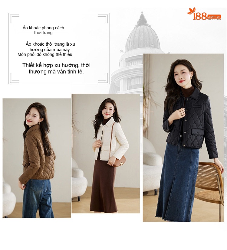 Áo Khoác Cotton Chần Bông Dáng Ngắn Cổ Bẻ Phong Cách Tiểu Thư Màu Nâu, Trắng, Đen chi tiết 2