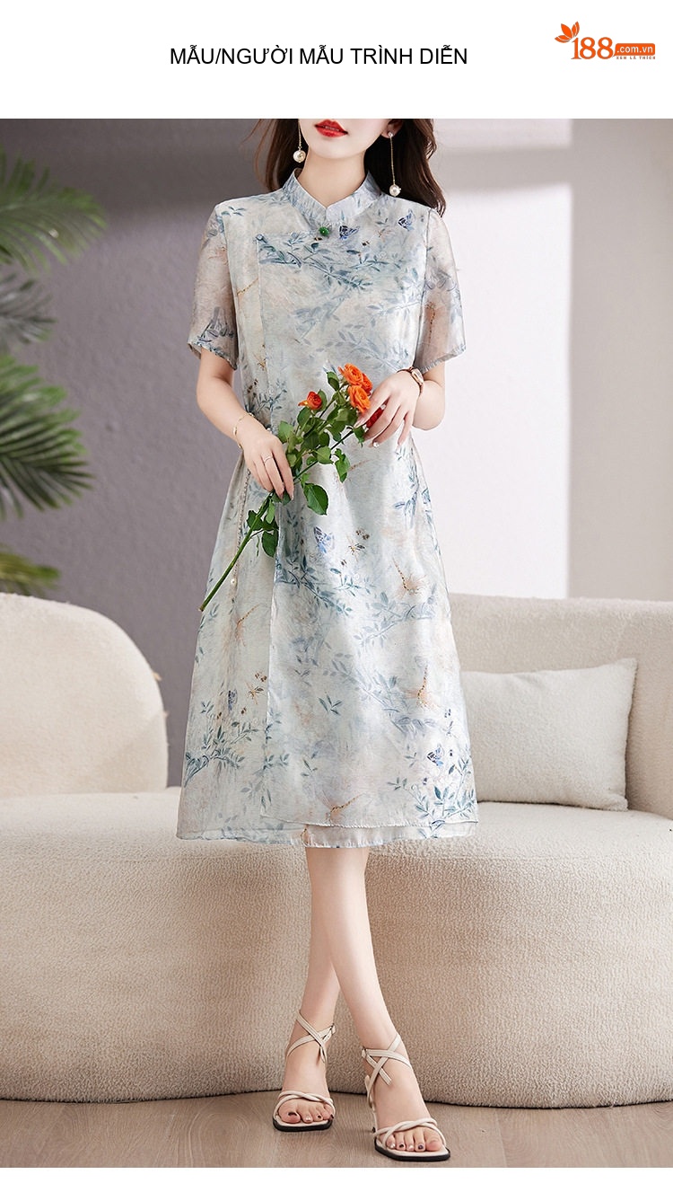 Váy liền thân Nữ Cổ Tàu Tay Ngắn Họa Tiết Hoa Lá Dáng Ôm chi tiết 13