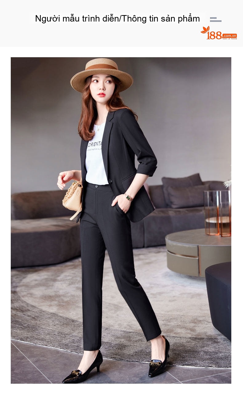 Bộ Vest Công Sở Nữ Tay Lỡ Phong Cách Hàn Quốc Màu Xanh Khói, Be, Đen chi tiết 9