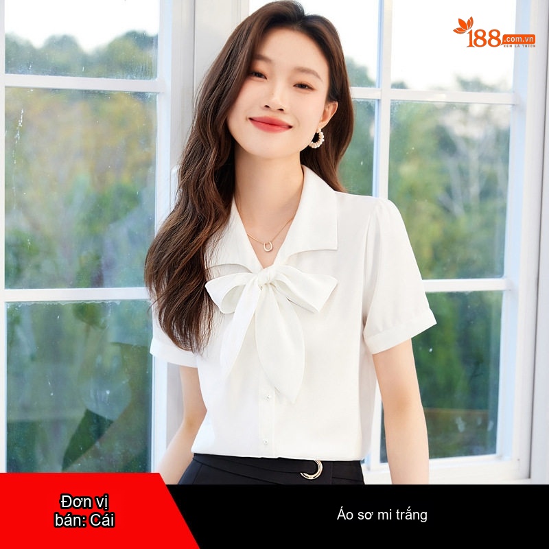 Áo Sơ Mi Tay Ngắn Nữ Cổ Nơ Chất Liệu Tuyết Chiffon Màu Hồng, Trắng