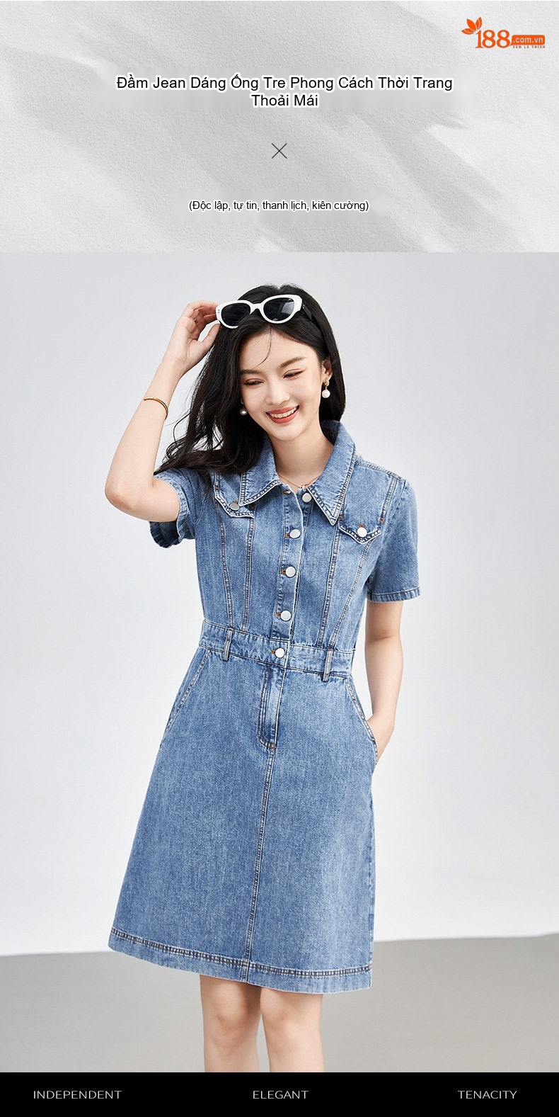 Váy Đầm Jean Nữ dáng chữ A Cổ Bẻ Tay Ngắn Phong Cách Thời Trang Trẻ Trung Màu Xanh Denim chi tiết 1
