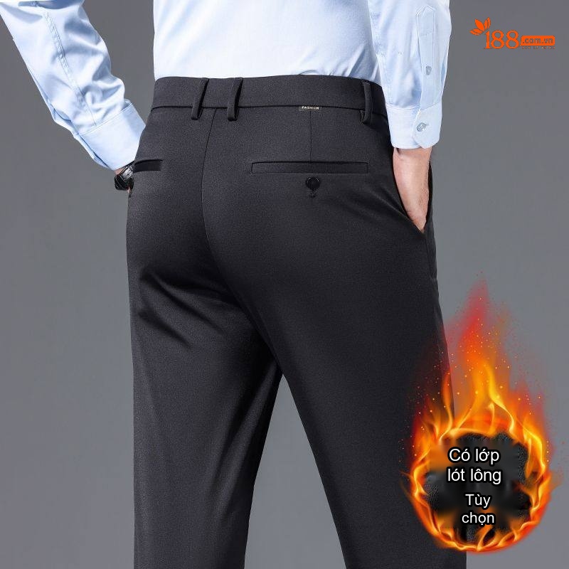 Quần Tây Nam Ống Đứng Lót Lông Cừu Dáng Suông Màu Đen