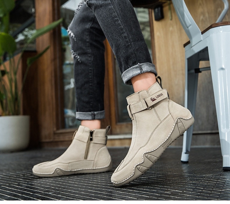Giày Martin Cổ Cao Nam Da Thật Phong Cách Retro Size Lớn Đế Khoảng 3cm Màu Be, Xám chi tiết 2