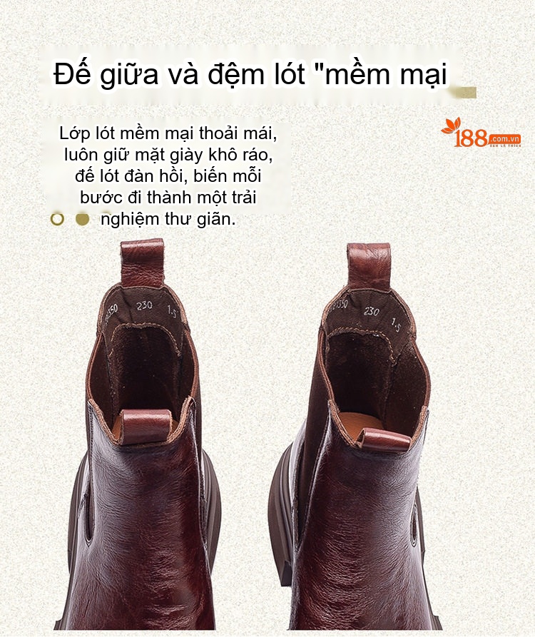 Boot Nữ Da Bò Thủ Công Chiều Cao Đế Khoảng 5cm Phong Cách Retro Màu Đen, Nâu chi tiết 6