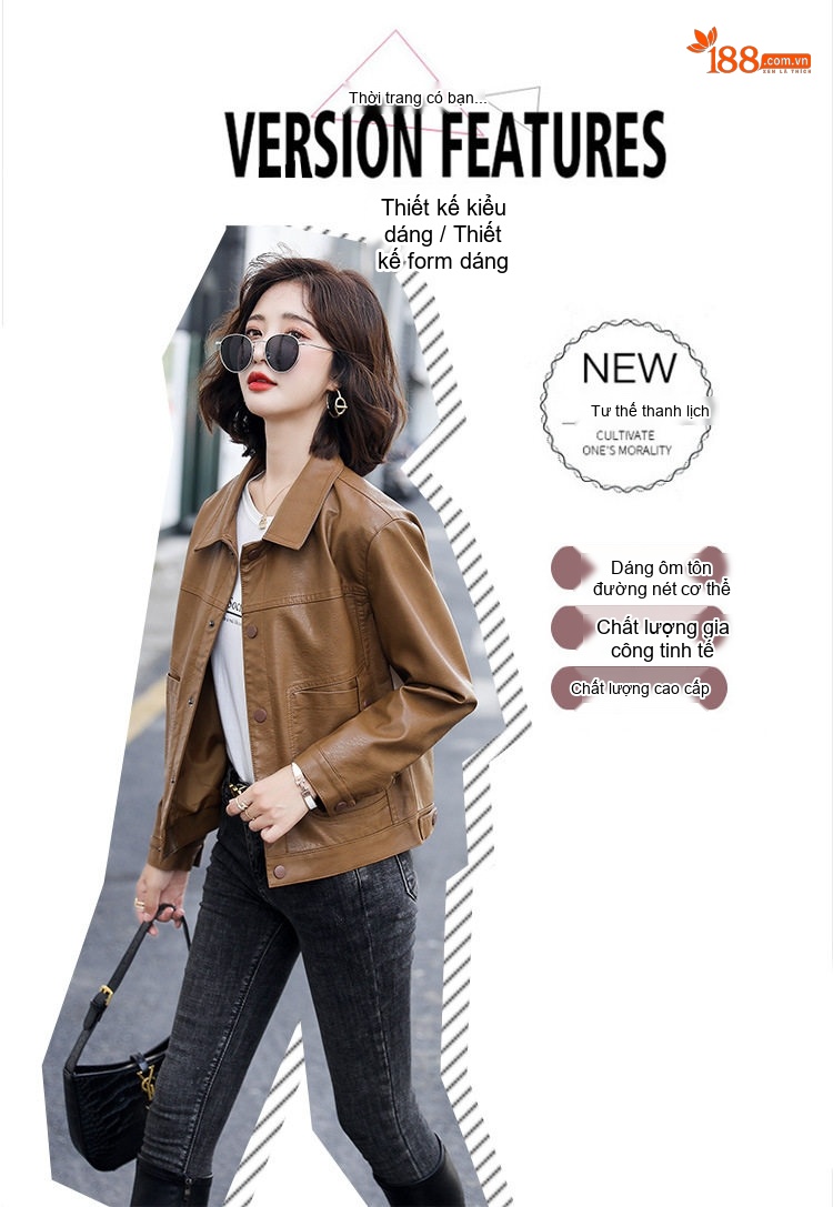 Áo Khoác Da Thật Nữ Kiểu Bomber Ngắn Màu Đen, Nâu chi tiết 6