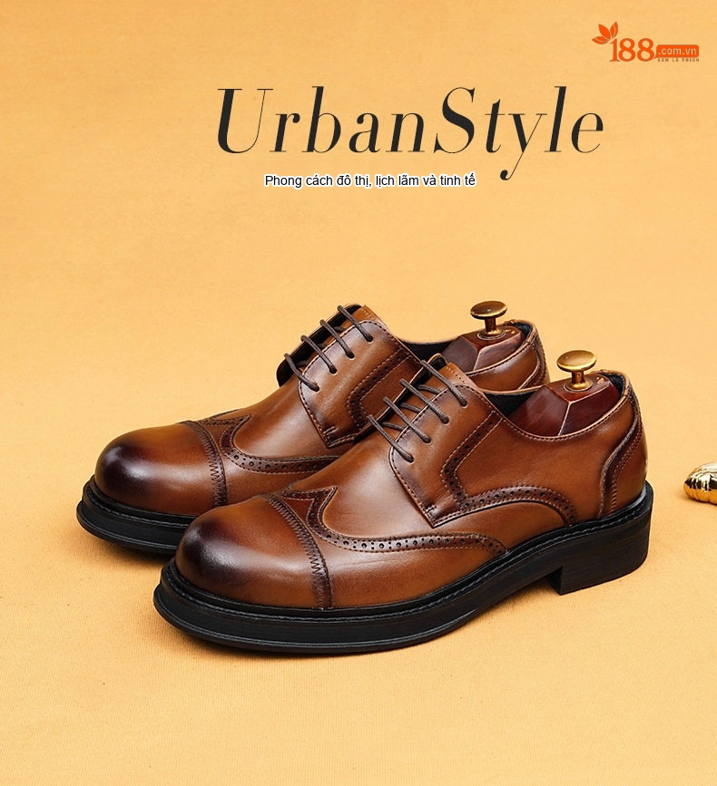 Giày Tây Buộc Dây Nam Da Thật Đế Dày Chiều Cao Đế Khoảng 4cm Kiểu Brogue Màu Đen, Nâu chi tiết 1