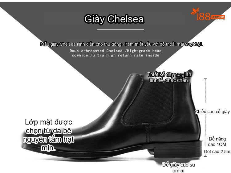 Giày Chelsea Boot Nam Da Bóng Cổ Cao Họa Tiết Chiều Cao Đế Khoảng 3cm Màu Đen, Nâu chi tiết 2