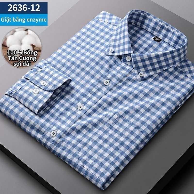 Áo Sơ Mi Nam Tay Dài Cotton Oxford Giặt Nước Kẻ Caro Mặc Đơn Giản Lót Trong Công Sở Màu Trắng, Xanh Dương, Xám, Hồng...