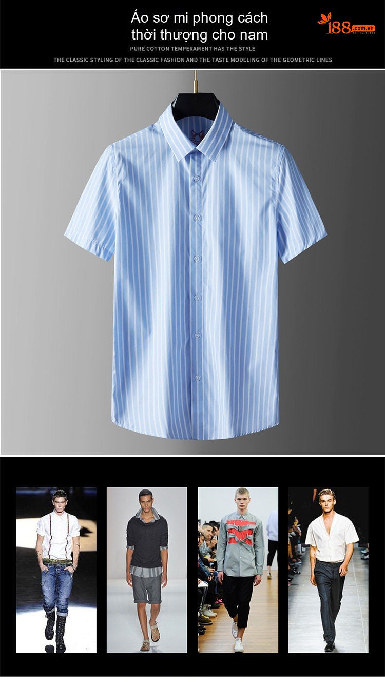 Áo Sơ Mi Nam Tay Ngắn Cotton Kẻ Sọc Xanh Trắng Thêu Ong Slim Fit chi tiết 1