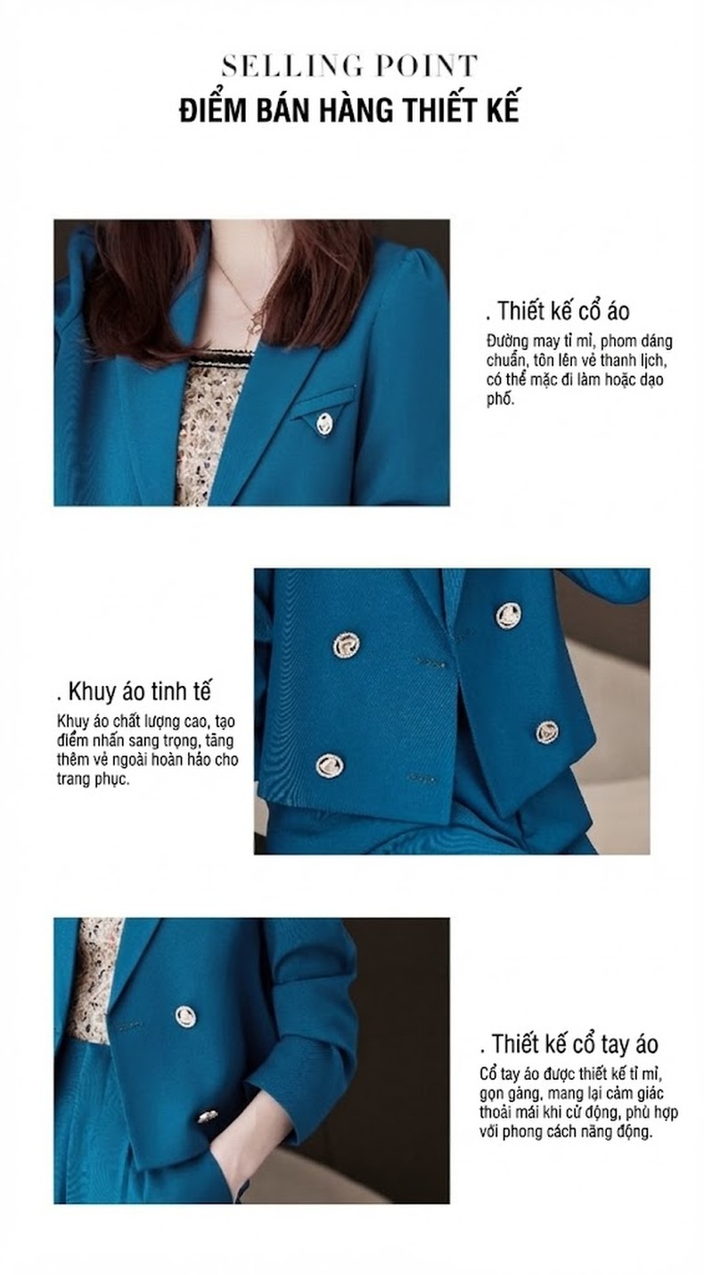 Bộ Vest Nữ Áo Blazer Quần Dài Phong Cách Hàn Quốc Màu Be, Đen, Xanh Dương chi tiết 2