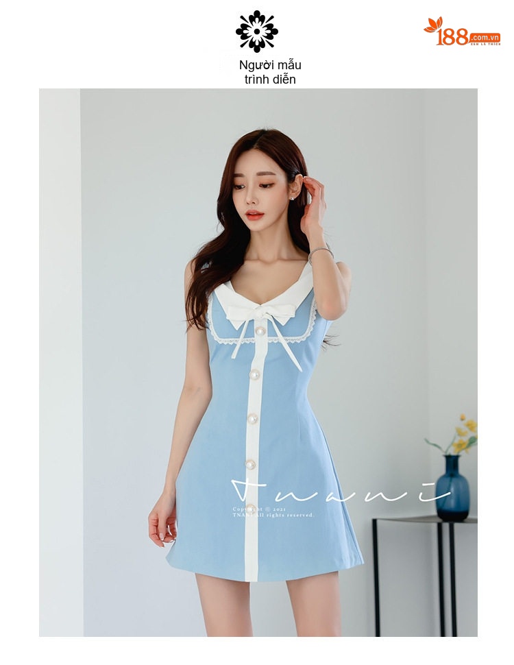 Váy liền thân Nữ dáng chữ A V Cổ Thanh Lịch Màu Xanh, Trắng chi tiết 6