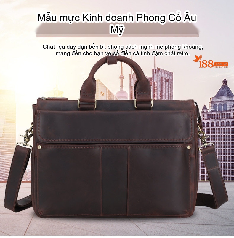 Cặp Công Sở Nam Da Bò Vân Retro Đựng Laptop Túi Xách Tay Đeo Chéo Màu Nâu Sẫm chi tiết 2