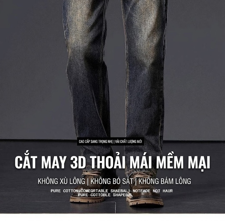 Quần Jean Nam Ống Suông Rộng Co Giãn Phong Cách Retro Màu Xanh Denim chi tiết 2