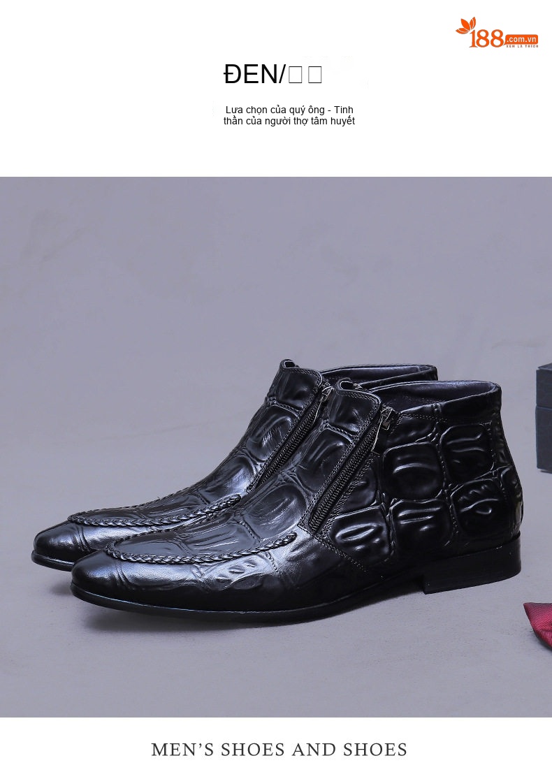 Boot Da Thật Nam Dáng Ôm Chân Họa Tiết Vân Cá Sấu Chiều Cao Đế Khoảng 3cm Màu Đen, Nâu Đậm chi tiết 5
