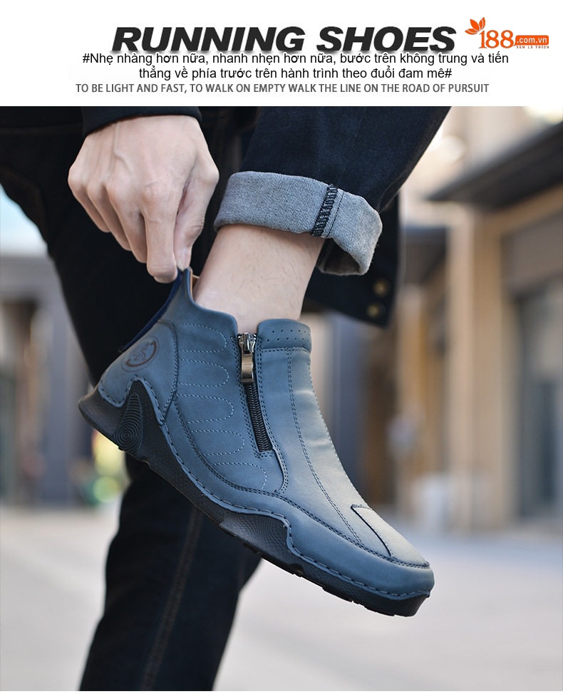Giày Boot Nam Cổ Cao Khóa Kéo Bên Chiều Cao Đế Khoảng 3cm Màu Đen, Xanh Dương, Nâu chi tiết 17
