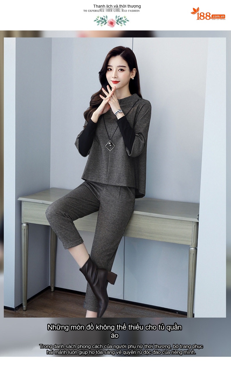 Set Bộ Quần Áo Nữ Thu Đông Dáng Rộng Che Bụng Phong Cách Thời Trang Màu Xám chi tiết 2