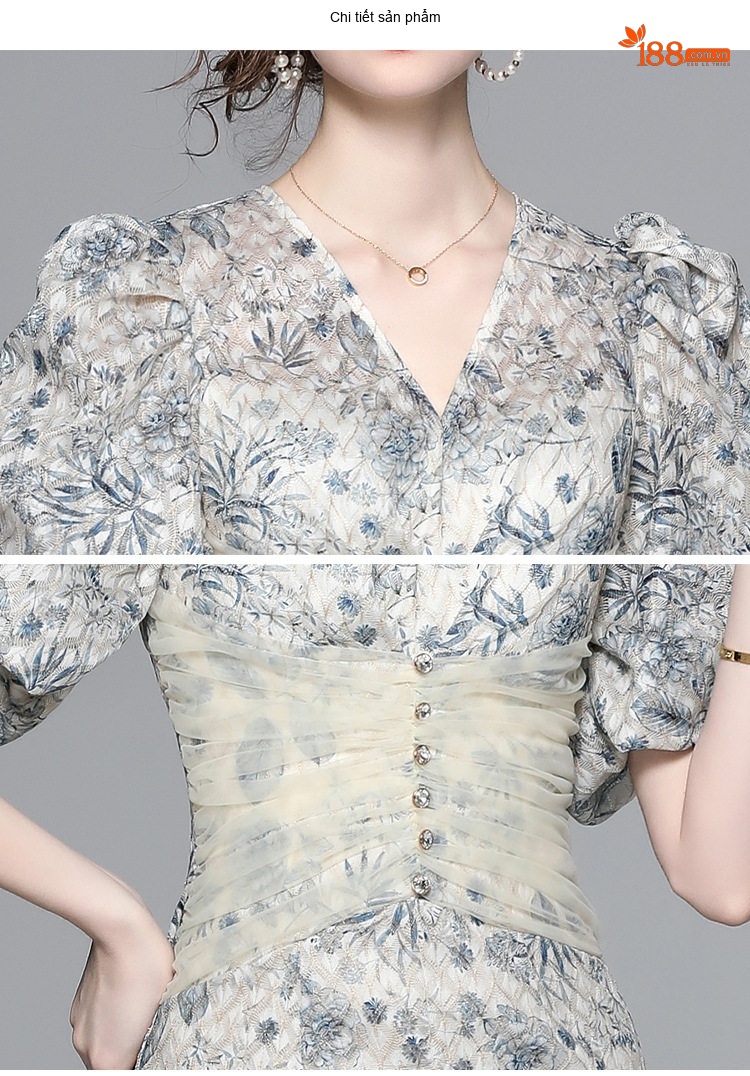 Váy liền thân Nữ Tay Bồng Họa Tiết Hoa Xẻ Tà Phong Cách Quý Phái chi tiết 15