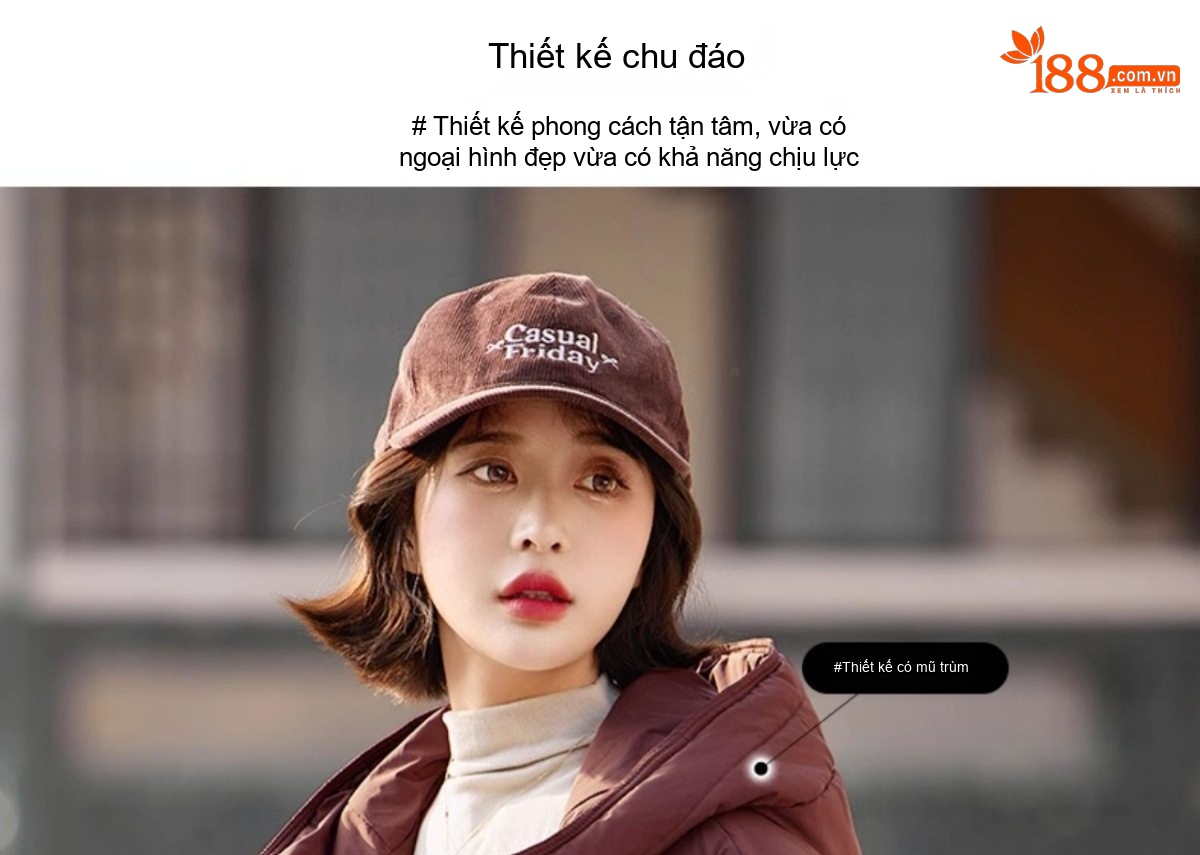 Áo Khoác Phao Nữ Có Mũ Trùm Đầu Dáng Rộng Lót Lông Vũ Dày Ấm Áp Màu Đen, Nâu, Đỏ Rượu Vang chi tiết 3