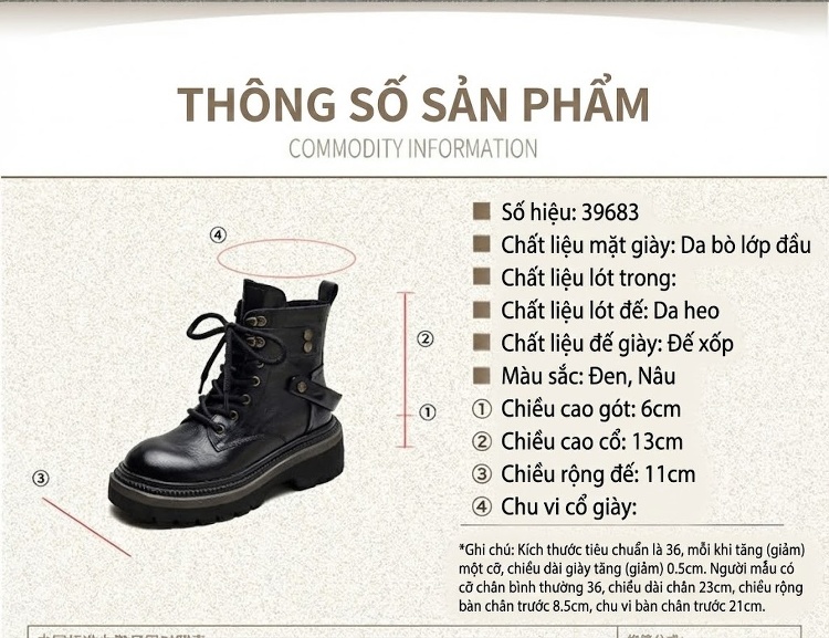 Boot Nữ Cổ Ngắn Da Bò Phong Cách Anh Quốc Chiều Cao Đế Khoảng 5cm Màu Đen, Nâu chi tiết 2