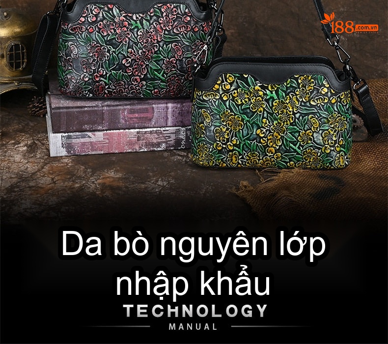Túi Đeo Chéo Nữ Da Bò Dập Hoa Thủ Công Vintage Màu Đen, Xanh Lá, Vàng, Đỏ chi tiết 2