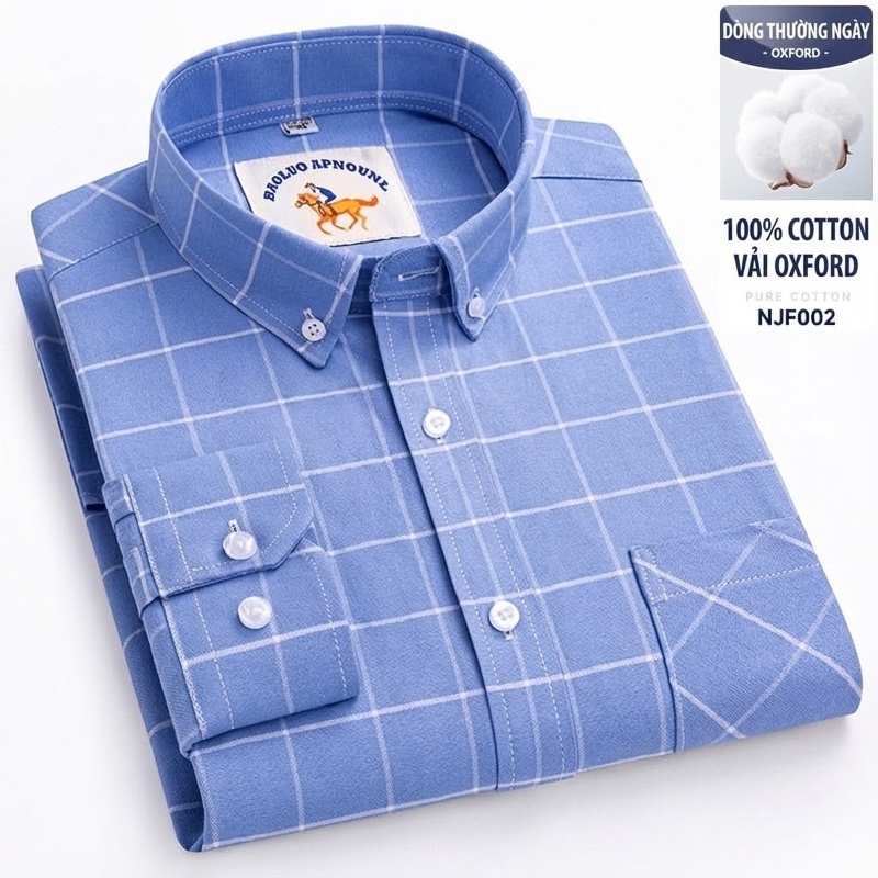 Áo Sơ Mi Nam Tay Dài Oxford Cotton Thoáng Khí Họa Tiết Kẻ Sọc Lớn Màu Xanh Dương, Đen, Trắng, Xám...