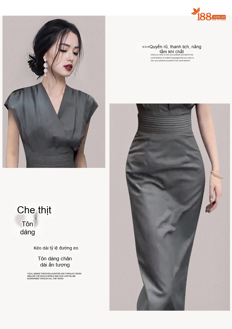 Váy Ôm Body Cổ chữ V Nữ Tay Lửng Thu Eo Thiết Kế Thanh Lịch Màu Xám chi tiết 2