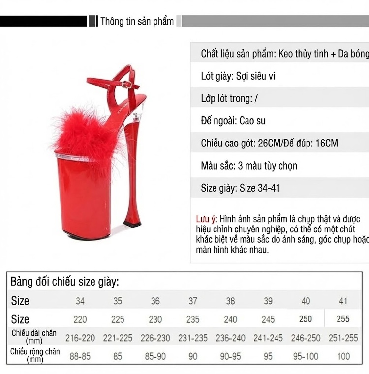 Giày Sandal Cao Gót Nữ Quai Ngang Đính Lông Gót Cao 26cm Màu Đen, Trắng, Đỏ chi tiết 2