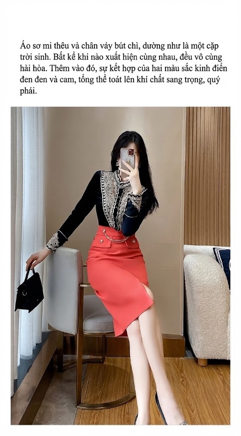 Set Bộ Áo Sơ Mi Tay Dài Thiết Kế Thanh Lịch và Chân Váy Bút Chì Màu Đen, Đỏ chi tiết 6