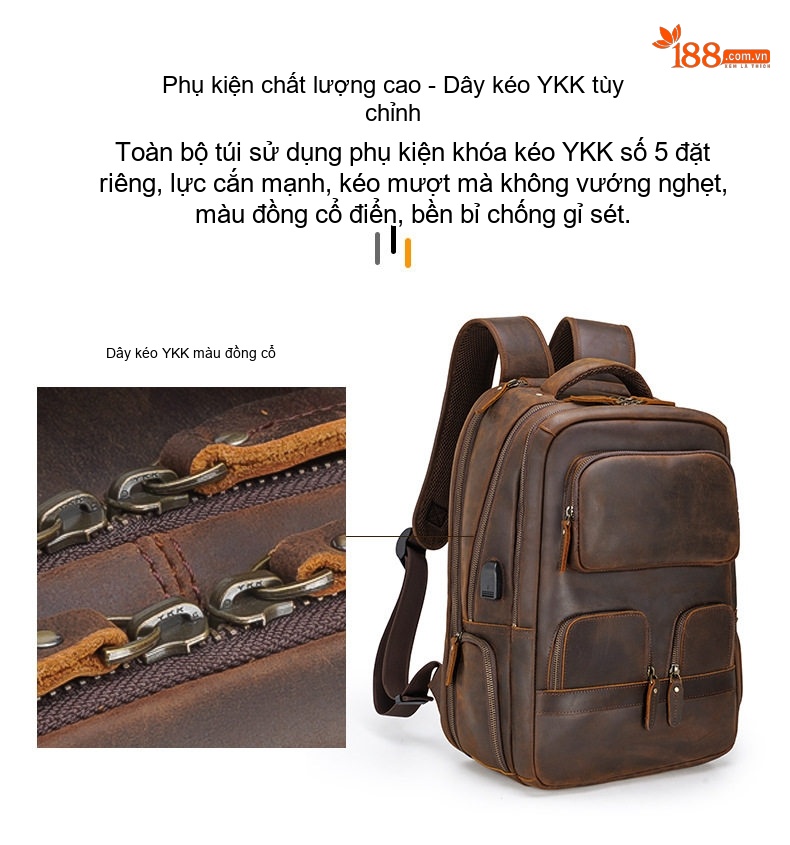 Balo Da Thật Nam Đa Năng Phong Cách Retro Túi Đựng Laptop USB Da Bò Sáp Màu Nâu chi tiết 13