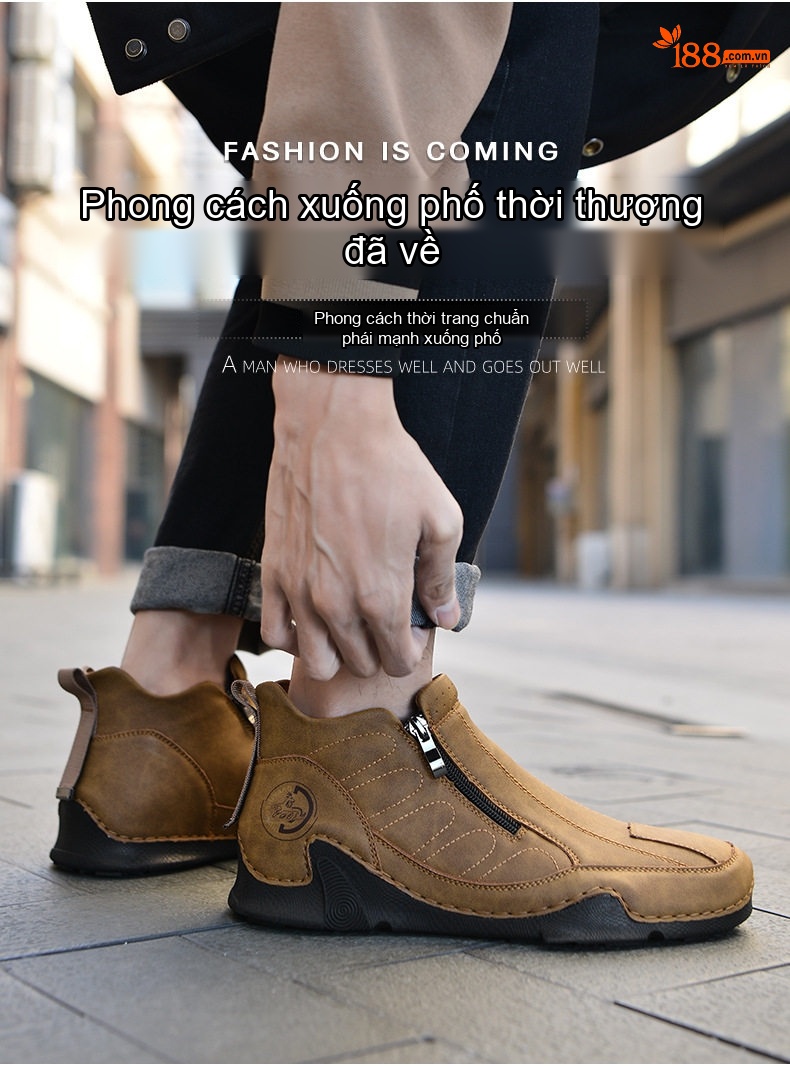 Giày Boot Nam Cổ Cao Khóa Kéo Bên Chiều Cao Đế Khoảng 3cm Màu Đen, Xanh Dương, Nâu chi tiết 6