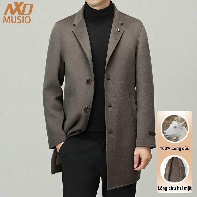 Áo Khoác Dạ Nam 100% Lông Cừu Áo Khoác Dáng Dài Màu Xám, Đen