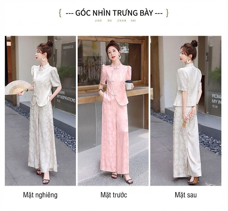 Set Bộ Quần Áo Nữ Kiểu Trung Hoa Cách Tân Áo Tay Ngắn Quần Ống Rộng Thời Trang Màu Trắng, Hồng chi tiết 7