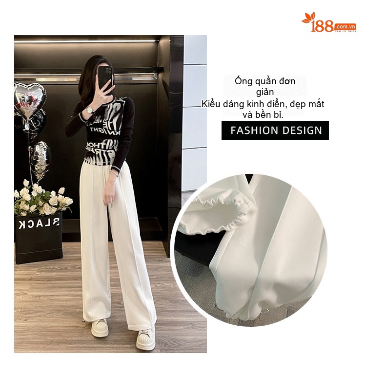 Set Bộ Nữ Áo Thun Tay Dài Quần Ống Rộng Cotton Phong Cách Casual Màu Đen, Trắng chi tiết 5