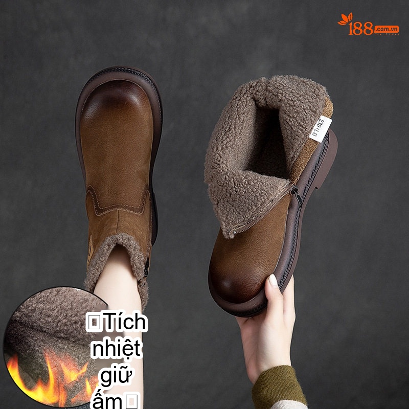 Boot Nữ Ngắn Cổ Lót Lông Giữ Ấm Mùa Đông Chiều Cao Đế Khoảng 3cm Màu Nâu