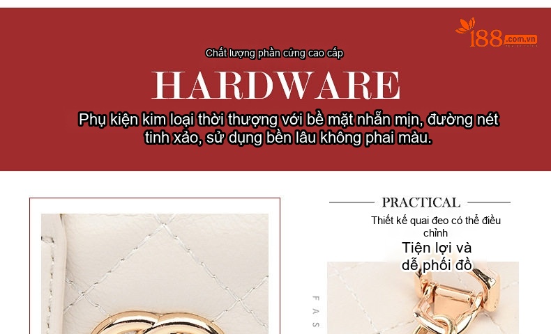 Túi Đeo Chéo Nữ Hình Hộp Da Bóng Trám Ô Quả Trám Dây Xích Phong Cách Tiểu Thư Màu Trắng Kem chi tiết 7