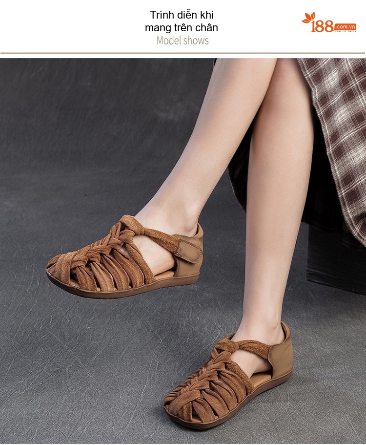 Dép Sandal Nữ Quai Dệt Thủ Công Đế Bệt Thoáng Khí Khóa Dán Phong Cách La Mã Đế Cao 3cm - 4cm Màu Vàng, Xanh Lá, Nâu chi tiết 8