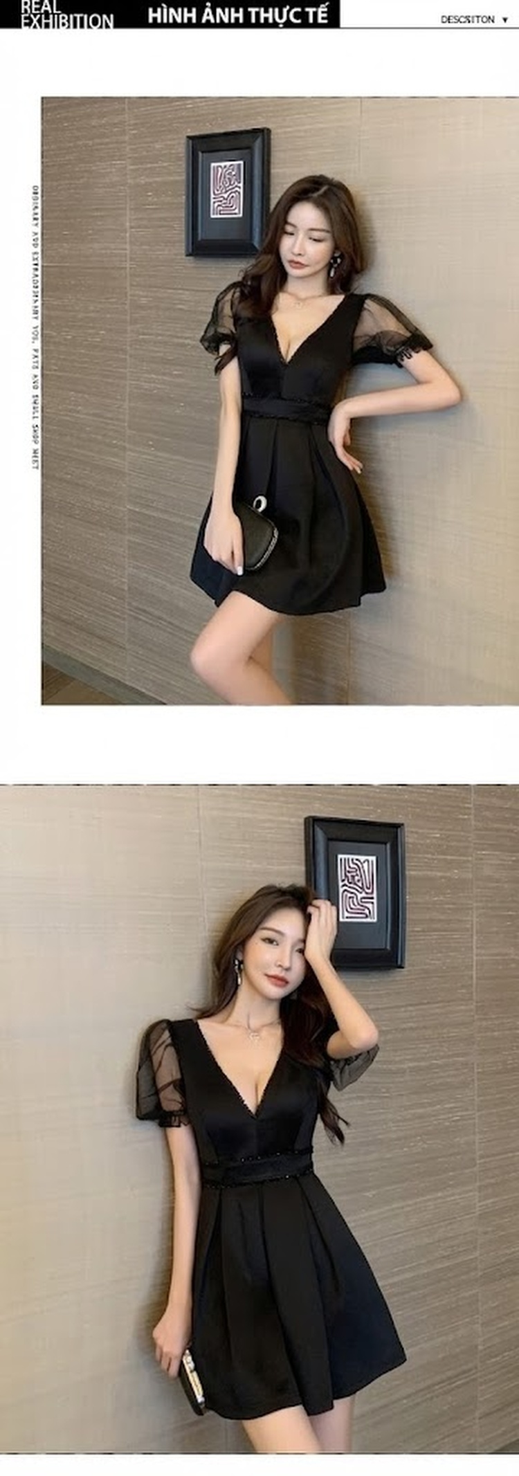 Váy Ngắn Nữ Cổ chữ V Tay Bồng Ôm Dáng Chữ A Phong Cách Gợi Cảm Màu Đen, Trắng chi tiết 6