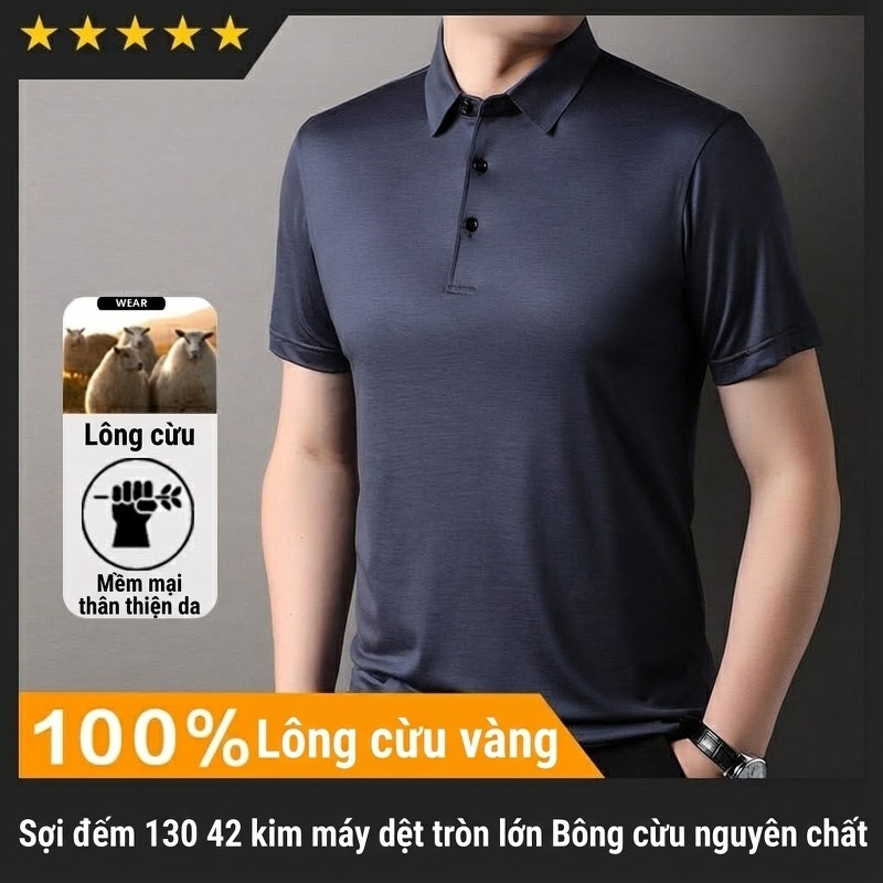 Áo Polo Nam 100% Lông Cừu Dệt Kim Tay Ngắn Cổ Bẻ Màu Đen, Xanh Navy, Xám, Đỏ Rượu Vang...