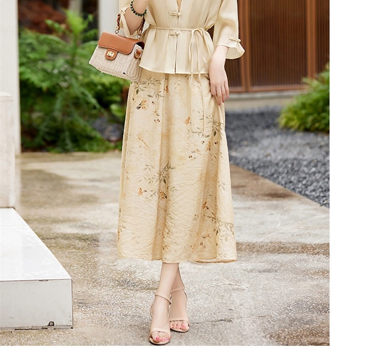 Set Áo Khoác Lửng Quần Áo Nữ In Hoa Phong Cách Trung Hoa Thanh Lịch Màu Be, Xanh chi tiết 18