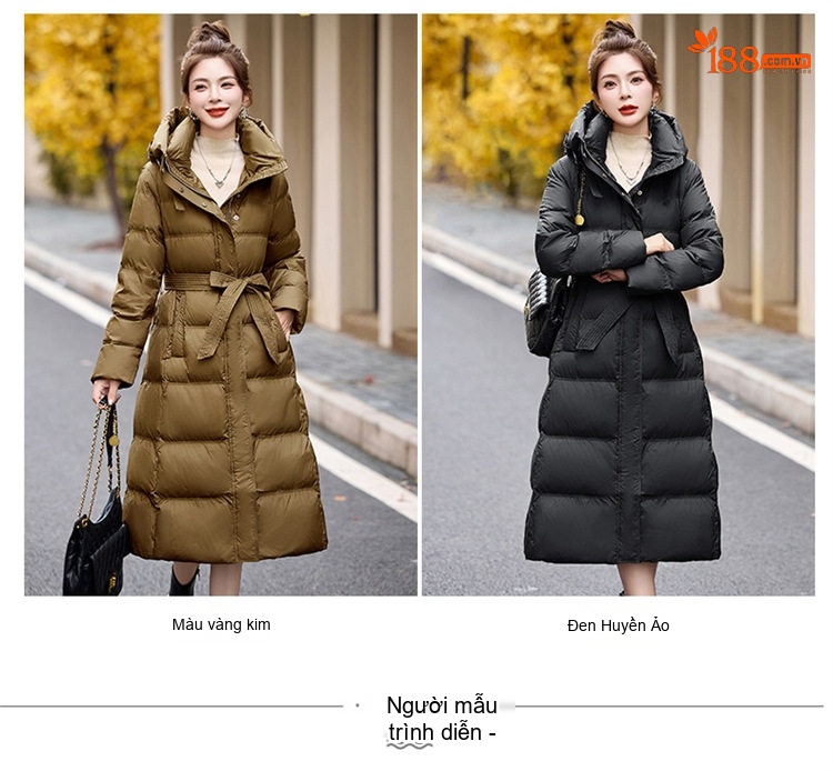 Áo Phao Nữ Dáng Dài Có Mũ Lông Vũ Trắng Ấm Áp Thời Trang Kèm Đai Màu Be, Nâu, Đen, Trắng chi tiết 11