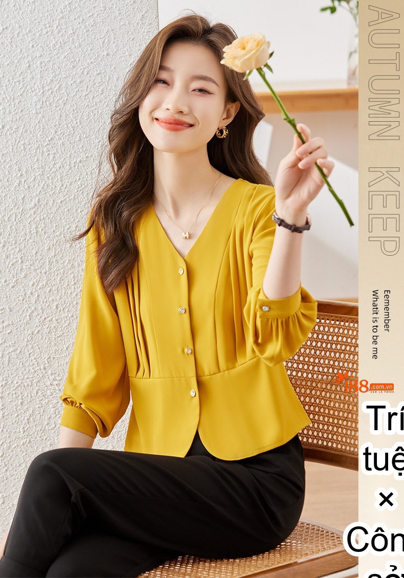 Áo Sơ Mi Nữ Dài Tay Thiết Kế Thanh Lịch Co Giãn Màu Nâu, Trắng, Vàng chi tiết 18