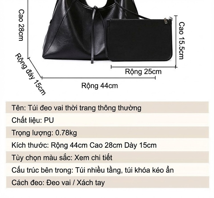 Túi Tote Đeo Vai Nữ Da Bóng Lớn, Đựng Vừa A4, Phong Cách Đơn Giản Màu Đen chi tiết 4